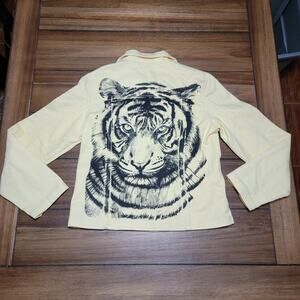 Che-Bella Yellow Demin Button Up Jacket w/ Bling Tiger on Back - Size Small